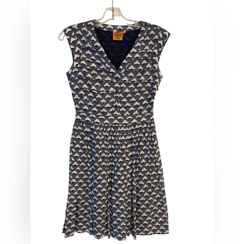 Tory Burch Blue Geometric Print Sleeveless Dress Women’s Size 0 Cotton midi